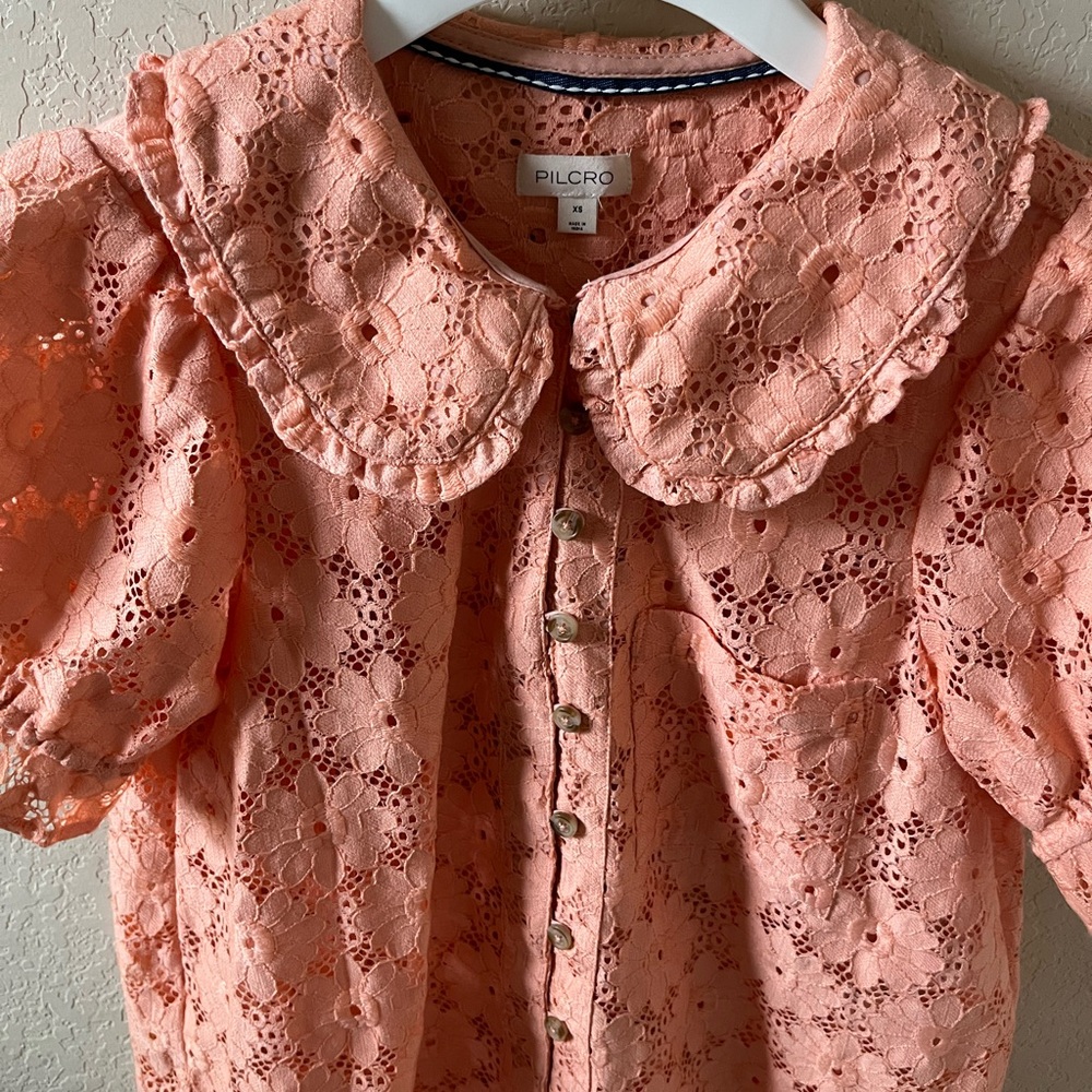 Pilcro Keira Lace Blouse by Anthropologie Womens Coral Collar Puff Sleeve Top XS - Picture 5 of 15